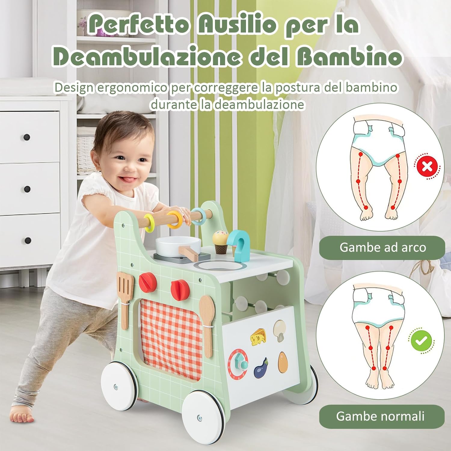 Girello per Bambini 6 in 1, Carrellino Primi Passi per Bmbini in Legno, con Cucina Giocattolo, Gioco Educativo con Ruote per Bambini 12 Mesi + (Verde)