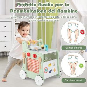 Girello per Bambini 6 in 1, Carrellino Primi Passi per Bmbini in Legno, con Cucina Giocattolo, Gioco Educativo con Ruote per Bambini 12 Mesi + (Verde)