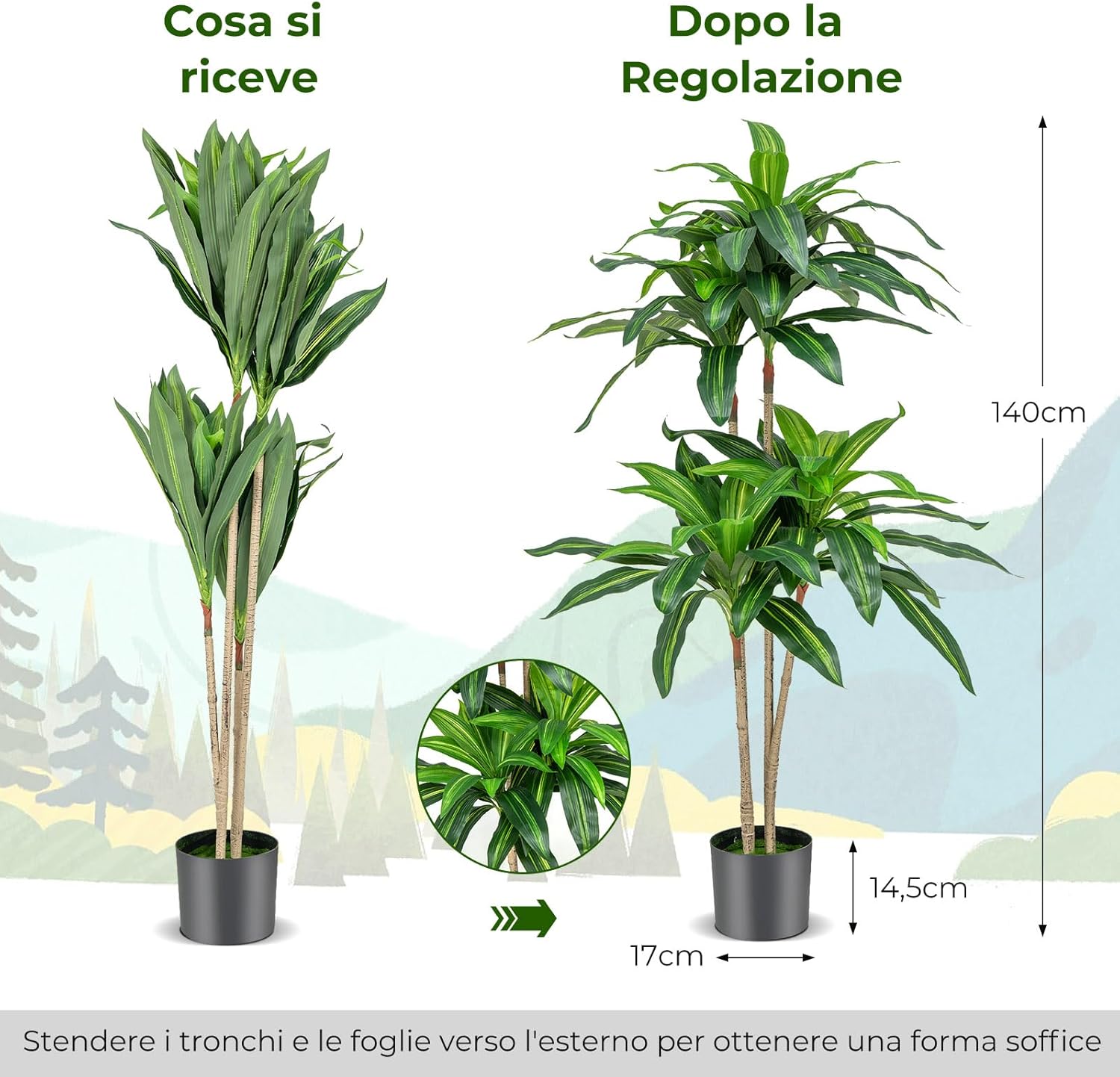 Pianta Finta Dracaena Alto 140 cm, Albero Artificialecon 92 Foglie e Vaso di Cemento Incorporato, Pianta Verde Realistica da Interno ed Esterno, Nessuna Manutenzione Richiesta