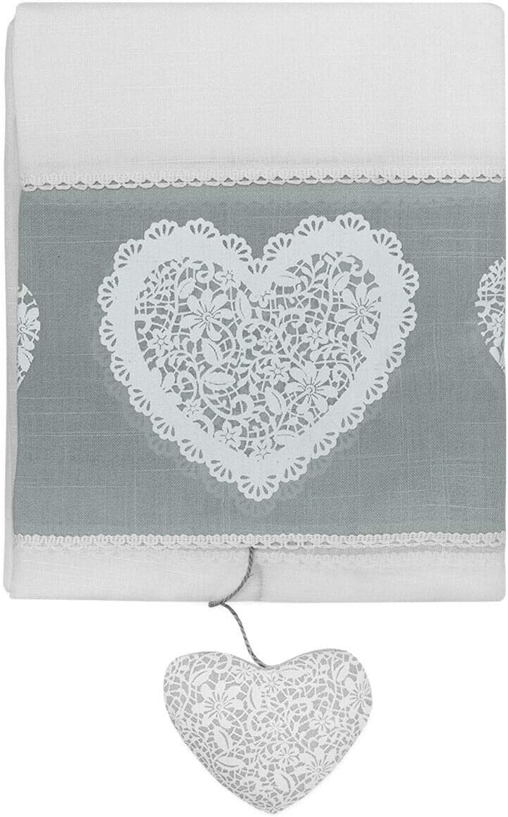 Tende Finestre Porta 60x150 cm Tessuto Lino Semitrasparente Coppia 2 Pz Shabby Chic Cuori Grigio