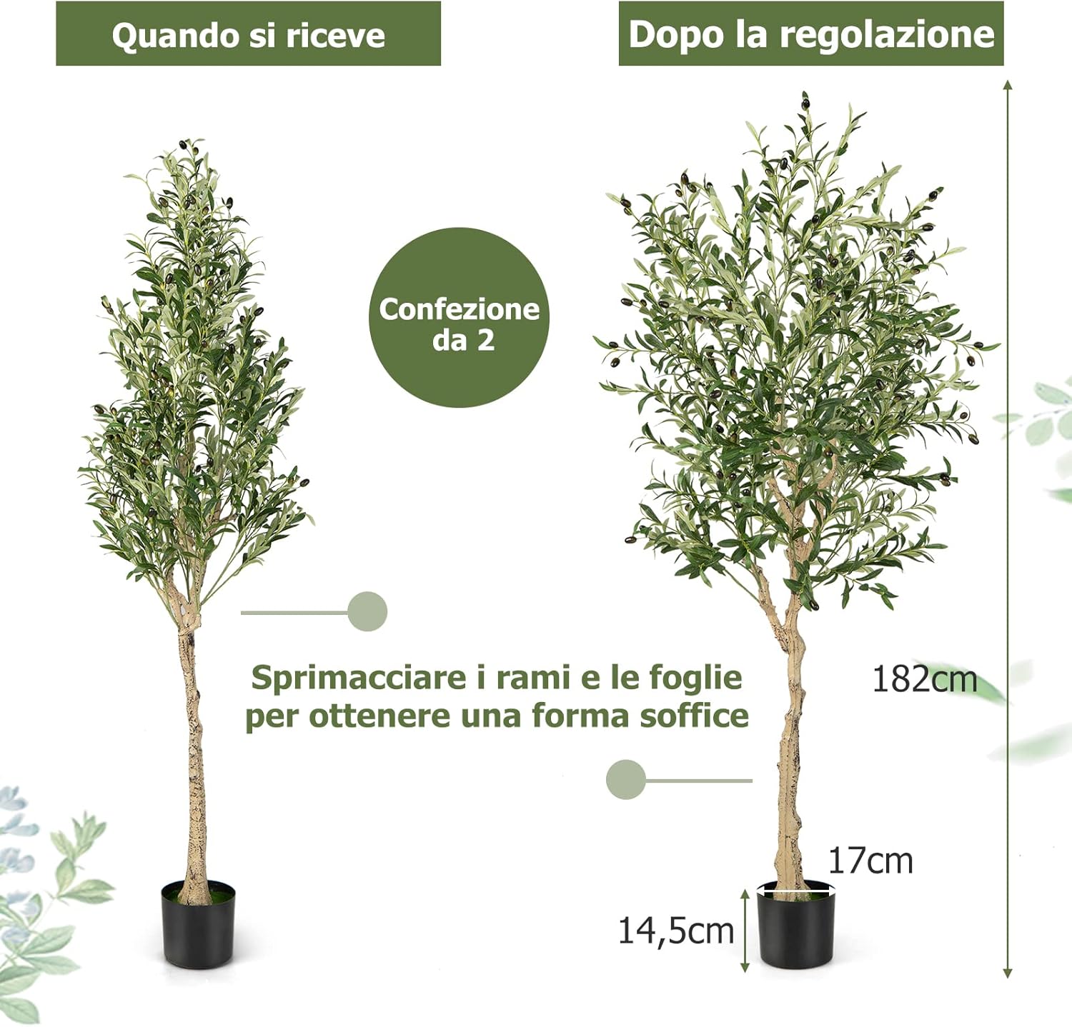 Pianta Finta da Interno da 182 cm, Ulivo Artificiale da 2 Pezzi con Vaso di Cemento, 1296 Foglie e 72 Frutti, Pianta Finta per Soggiorno, Ufficio e Negozio