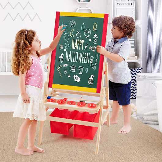 Cavalletto per Bambini 3 in 1, Lavagna Bifacciale, Cavalletto per Disegnare, con Rotolo di Carta, Magnetica, Accessori Completi, in Legno (52,5x51,5x106,5cm)