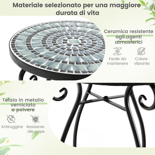 Tavolino da Esterno a Mosaico con Piano d'appoggio in Ceramica Resistente agli Agenti Atmosferici, Tavolino da Interno ed Esterno per Salotto, Balcone, Patio e Giardino (Nero e Grigio)