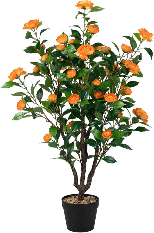 Pianta Finta da Interno da 102 cm, Albero di Camelia Artificiale con 37 Fiori Gialli, Vaso e Ciottoli di Pioggia, Pianta Finta per Soggiorno, Ufficio e Negozio