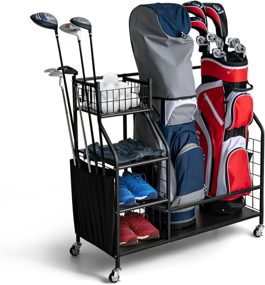 Organizer per Sacca da Golf per Garage, Carrello per 2 Borse da Golf con Ruote Bloccabili, Ganci e Tasche Porta Mazze da Golf, Organizer per Accessori da Golf e Attrezzature