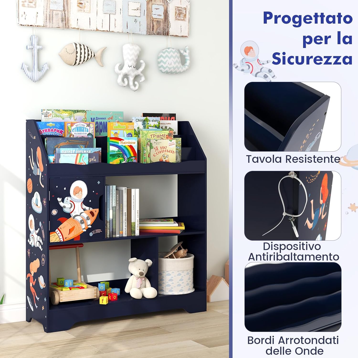 3 in 1 Libreria per Bambini, Mobile Portagiochi Multiuso con Anta e 3 Vani Aperti, Scaffale per Giocattoli per Cameretta Soggiorno Asilo Scuola Materna, 93x30x100 cm(Blu)