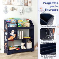 3 in 1 Libreria per Bambini, Mobile Portagiochi Multiuso con Anta e 3 Vani Aperti, Scaffale per Giocattoli per Cameretta Soggiorno Asilo Scuola Materna, 93x30x100 cm(Blu)