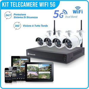 Telecamera Wi-Fi Esterno, Kit Videosorveglianza Wireless, 4 Canali FUll Hd Ip Senza Fili, Telecamera 5 MPX Visione da Smartphone Tablet