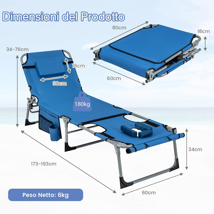 Sedia a Sdraio Pieghevole, Lettino Prendisole Regolabile in Metallo, con Poggiatesta, Cuscino e Tasca, per Spiaggia, Giardino, Balcone, Fino a 180 kg (Blu)