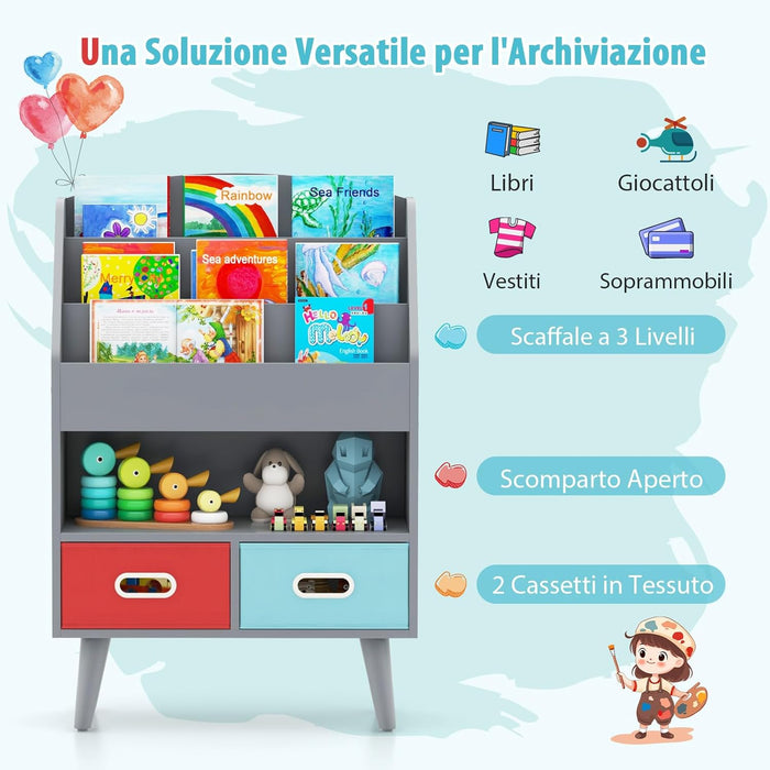 Libreria per Bambini, Scaffale in Legno per Bambini con 3 Ripiani, Scomparto Aperto e 2 Cassetti in Tessuto Pieghevoli, Organizzatore per Giocattoli, 63x30x97 cm (Grigio)