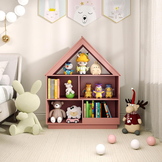 Libreria per Bambini a Forma di Casa, Scaffale in Legno con 5 Cubi per Giocattoli, Organizer di Stoccaggio Antiribaltamento, Scaffale Aperto a 3 Livelli, 88x34x108 cm (Rosa)