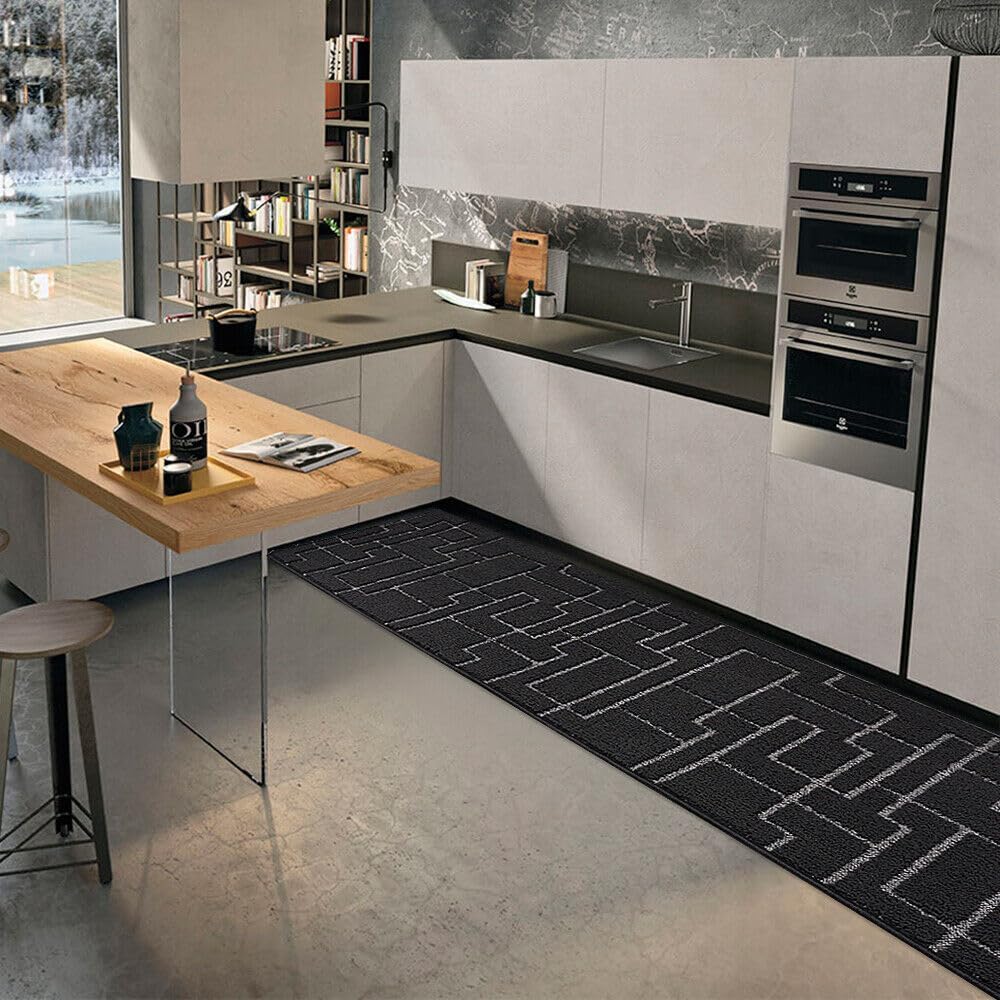 Tappeto Casa Cucina 3D 50x190 Cm Design Geometrico Moderno Assorbente Antiscivolo Nero