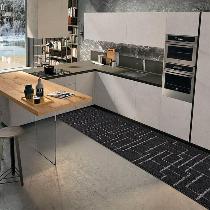 Tappeto Casa Cucina 3D 50x190 Cm Design Geometrico Moderno Assorbente Antiscivolo Nero