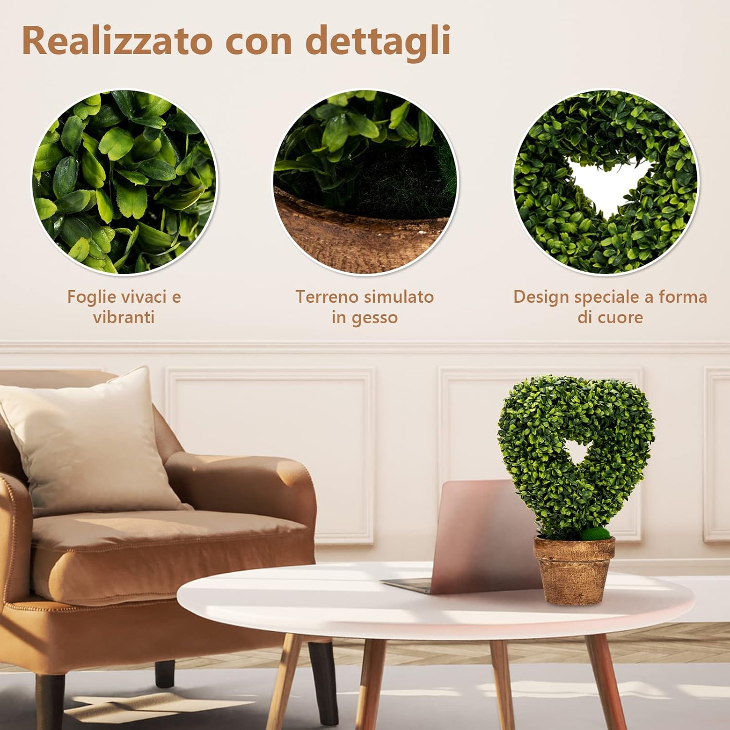 Set 4 Alberi Artificiali a Forma di Cuore in Vaso, Albero di Crittogame da Tavolo con Base in Cartone Biodegradabile, Piante Finte per Casa, Negozio e Ufficio, Verde