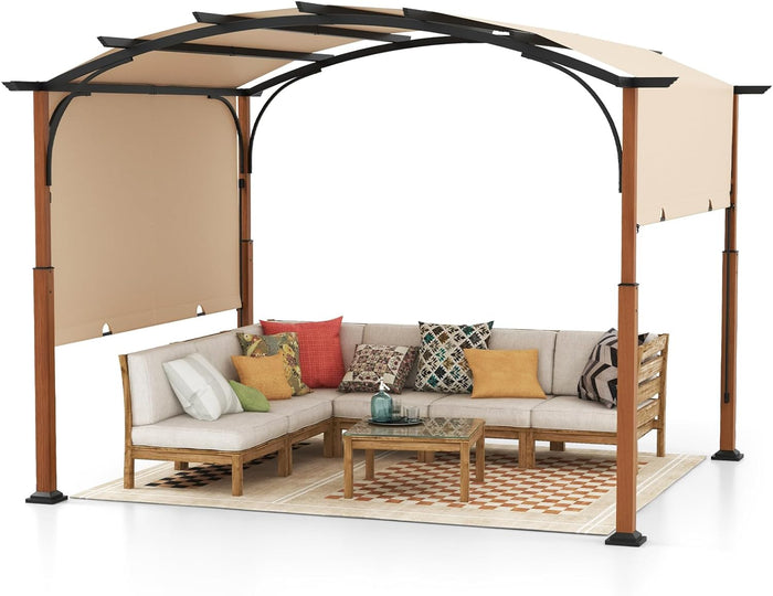 Gazebo Pergola da Giardino 3 x 3,6 m, Pergola da Esterno con Telaio Curvo e Tettuccio Retrattile, con Struttura in Metallo, per Giardino, Patio e Portico (Beige)