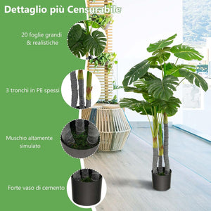 Albero di Filodendro Artificiale 120 cm con Supporto in Cemento, Pianta Finta Artificiale con Foglie in Plastica PE, 3 Rami e 20 Foglie, Ideale per Casa, Ufficio e Negozio