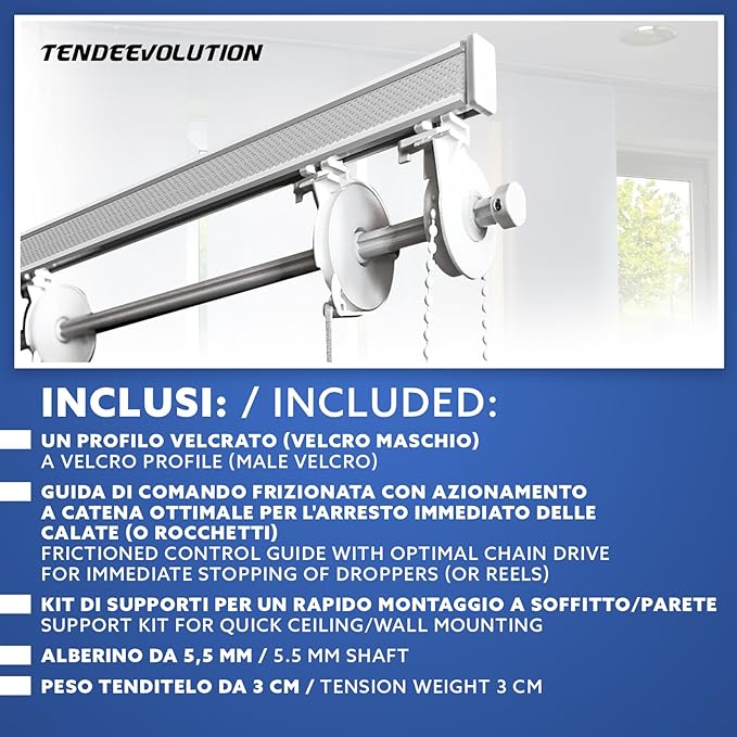 BASTONE BINARIO PER TENDA A PACCHETTO CON 6 CALATE  IN ALLUMINIO BIANCO Lungh. 180 CM Attacco Soffitto COMANDO A SX