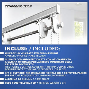 BASTONE BINARIO PER TENDA A PACCHETTO CON 5 CALATE  IN ALLUMINIO BIANCO Lungh. 180 CM Attacco Soffitto COMANDO A DX