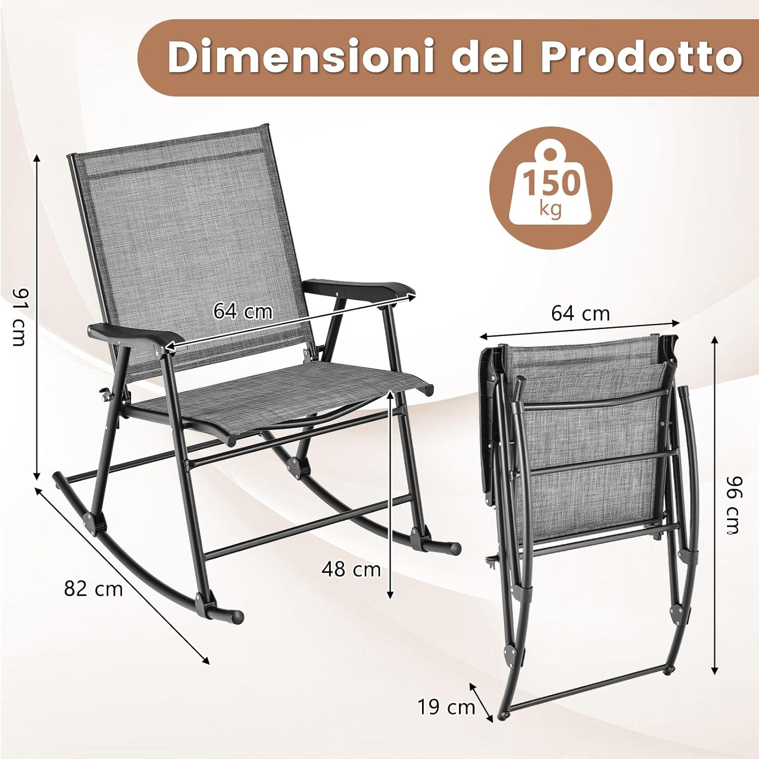 Set di 2 Sedie a Dondolo Pieghevoli, Dondoli da Esterno con Seduta Traspirante e Struttura in Metallo, Dondolo da Esterno Robusto per Giardino, Portico