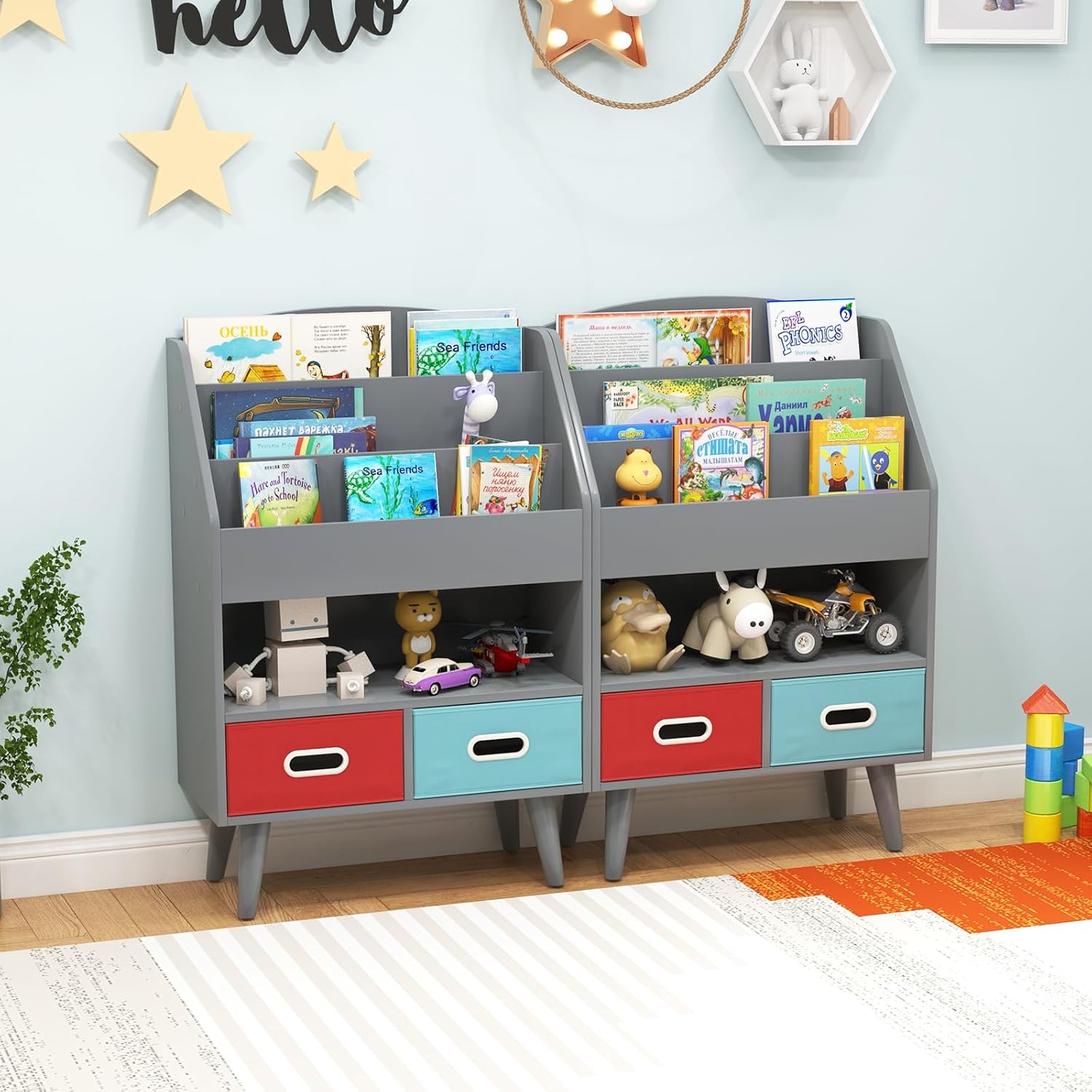 Libreria per Bambini, Scaffale in Legno per Bambini con 3 Ripiani, Scomparto Aperto e 2 Cassetti in Tessuto Pieghevoli, Organizzatore per Giocattoli, 63x30x97 cm (Grigio)