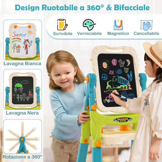 Cavalletto per Bambini, Lavagna Magnetica a Doppia Faccia Regolabile in Altezza, Tavolo da Disegno Staccabile con Manico Portatile e 2 Tazze, per Bambini 3 Anni + (Verde+Blu)