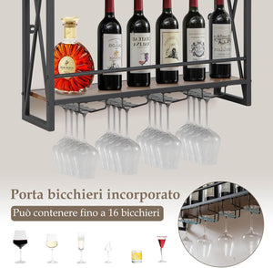 Portabottiglie per Vino da Parete Industriale, Scaffale di Stoccaggio per Vino a Parete a 2/3 Livelli con Porta Calici, in Metallo, per Casa, Bar, Cucina, Ristorante (80 x 20 x 63 cm)