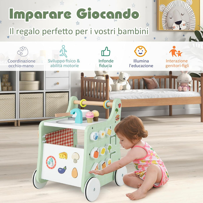 Girello per Bambini 6 in 1, Carrellino Primi Passi per Bmbini in Legno, con Cucina Giocattolo, Gioco Educativo con Ruote per Bambini 12 Mesi + (Verde)