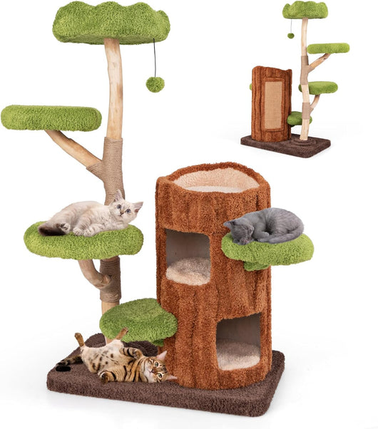 Tiragraffi a Forma di Albero per Gatti 141cm, Albero per Animali Domestici con 2 Piani, Pali per Graffiare, Pannello in Sisal, Trespolo Superiore e Piattaforma Rotonda, Torre Moderno Interno