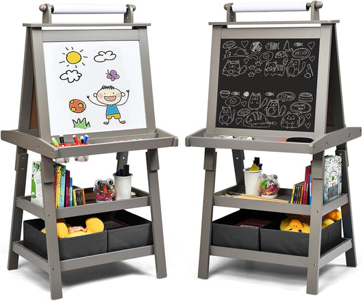 3 in 1 Cavalletto per Bambini con Doppia Faccia, Cavalletto per Disegno con 2 Vassoi e 2 Scatole, Lavagna Bambini in Legno (Grigio)