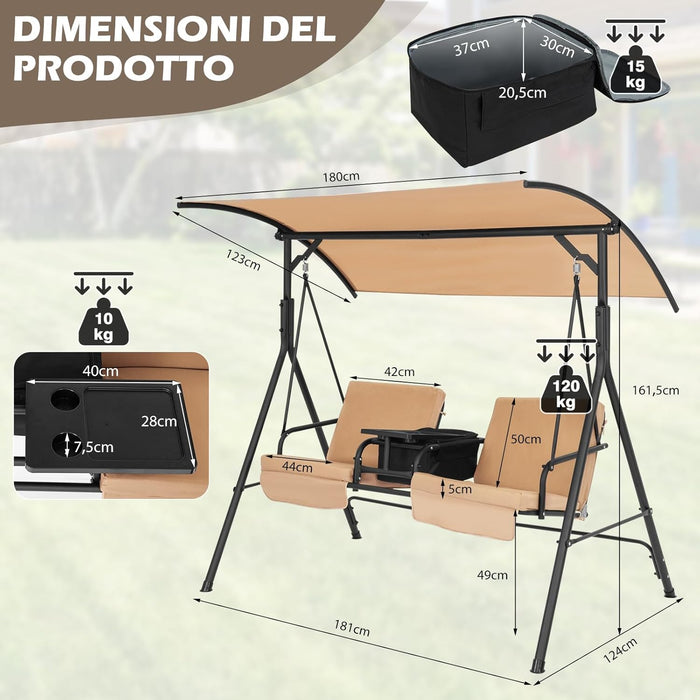 Dondolo da Giardino a 2 Posti, Altalena per Giardino con Borsa Termica, Vassoio Girevole e Cuscini Rimovibili, Altalena con Tettuccio per Giardino, Balcone, Portata 240 kg (Marrone Chiaro)