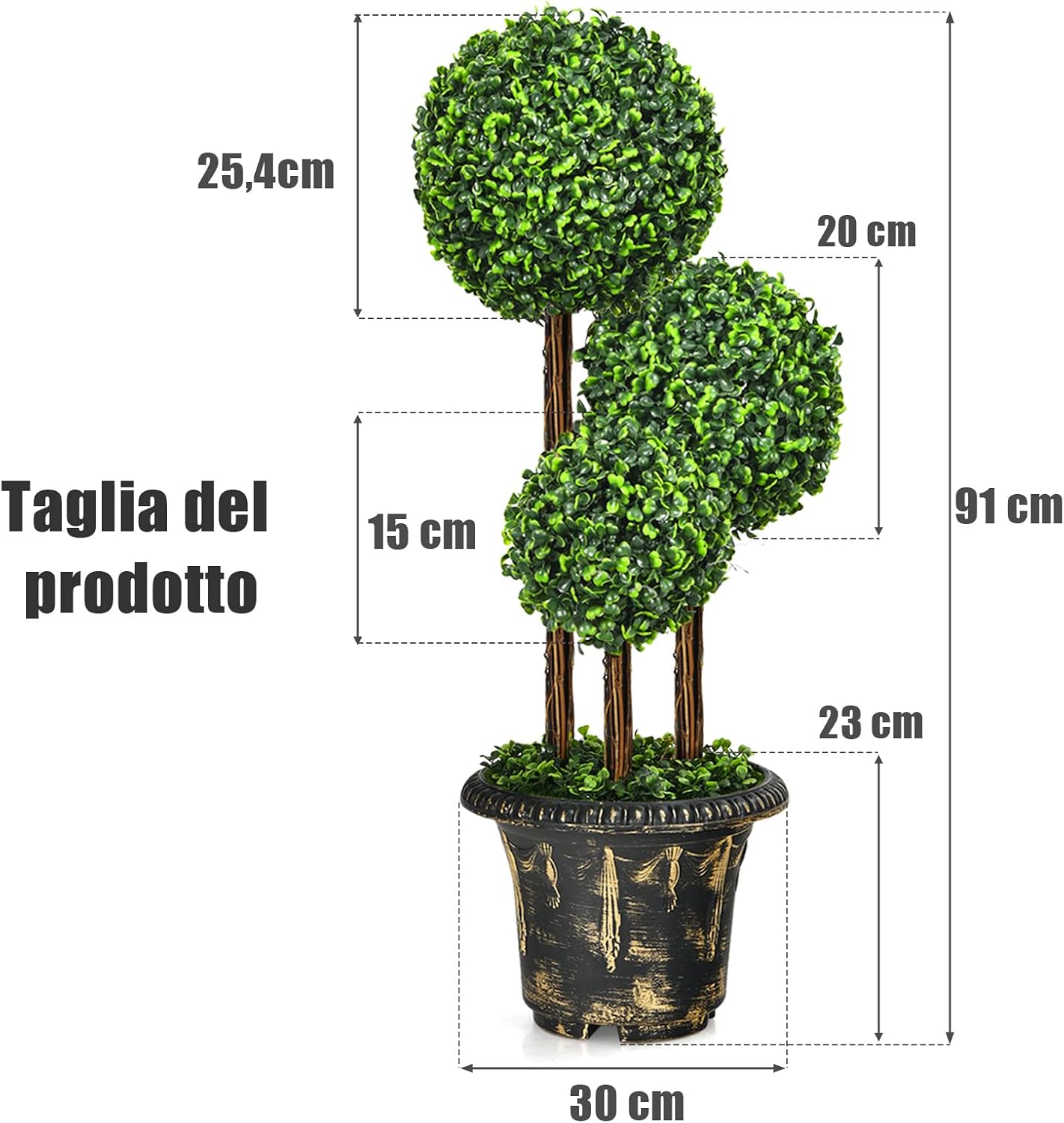 Albero Artificiale Topiario 90 cm, Pianta Verde Finta con Foglie Realistiche, Vaso Decorativo, Albero a Tripla Sfera per Casa Ufficio Giardino Cortile Ingresso