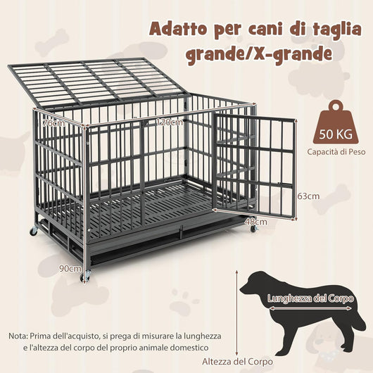 Gabbia per Cani in Metallo Pieghevole, Gabbia per Cani Anti-masticazione con Ruote, Vassoio Rimovibile e 2 Porte, Gabbia da Interno ed Esterno per Cani Media e Grande (120 x 76 x 90 cm)