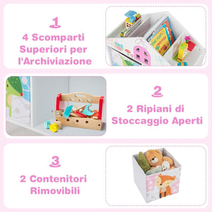 Libreria per Bambini con 2 Contenitori Rimovibili, Libreria a Forma di Casa con Gambe in Legno Massello, Scaffale per Giocattoli per Cameretta Soggiorno Asilo Nido, 62x30x72 cm