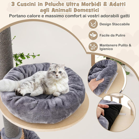 Albero per Gatti da Pavimento a Soffitto con Altezza Regolabile da 236 a 271 cm, Torre per Gatti in Legno a 5 Piani con Amaca, Letto e Cesta e Tiragraffi