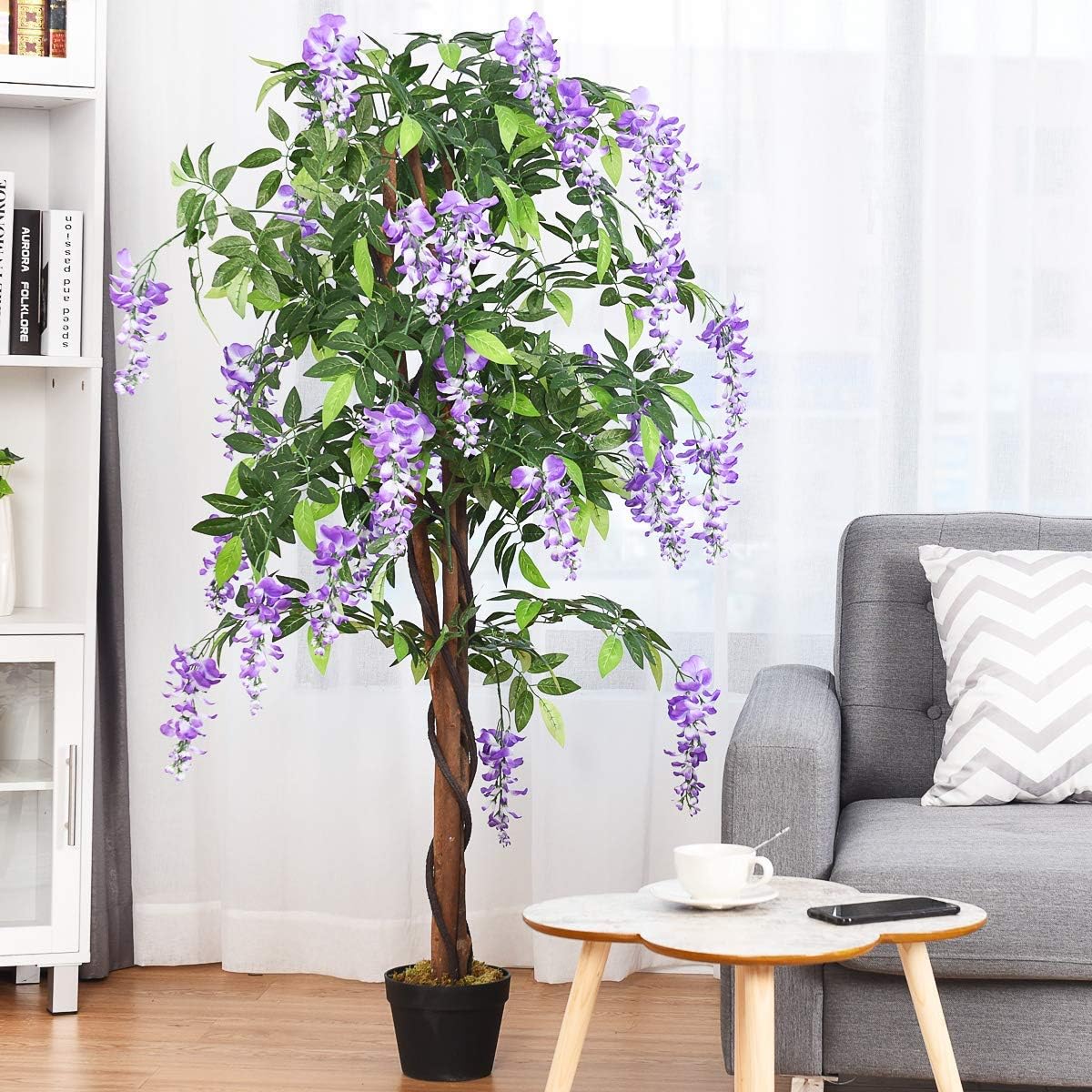 Albero Glicine Artificiale Fiori Pianta Decorativa in Vaso da Arredo Interno ed Esterno, Viola