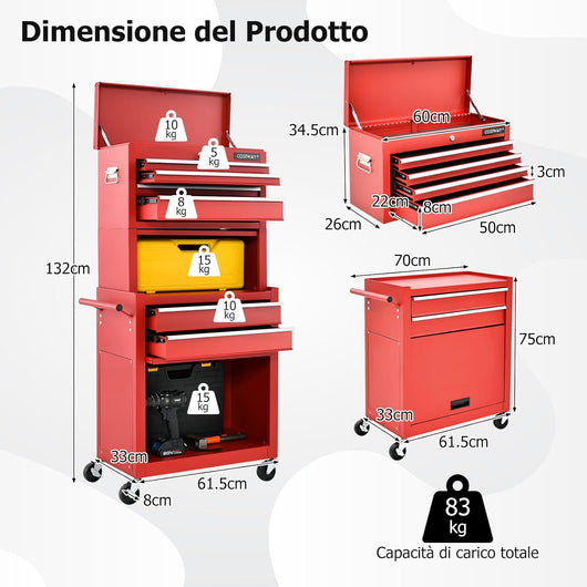 Cassettiera Portautensili a 6 Cassetti, Carrello per Attrezzi con Ruote Bloccabili, con Ripiano rimovibile e Serratura, 61,5 x 33 x 132 cm (rosso)