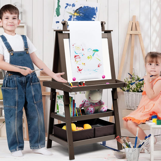 3 in 1 Cavalletto per Bambini con Doppia Faccia, Cavalletto per Disegno con 2 Vassoi e 2 Scatole, Lavagna Bambini in Legno (caffè)