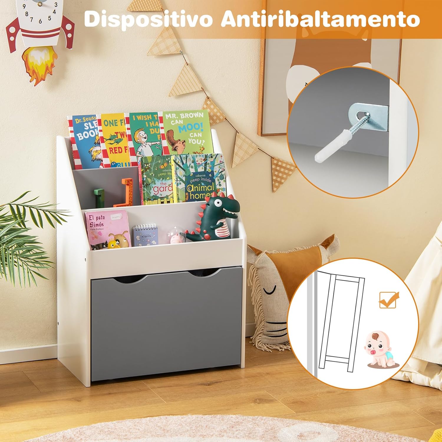 Scaffale per Bambini con 3 Ripiani e Scatola di Giocattoli, Libreria per Bambini e Bambine per Stanza dei Giochi, Soggiorno e Asilo, Grigio e Bianco