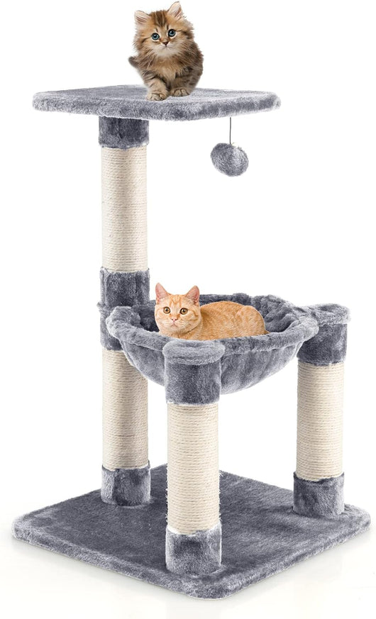 Tiragraffi per Gatti, Albero Tiragraffi Gatto con Amaca, Piattaforma, Tiragraffi in Sisal e Pallina, Tiragraffi da Divano in Legno per Gatti Piccoli, 40 x 40 x 64 cm (Grigio)