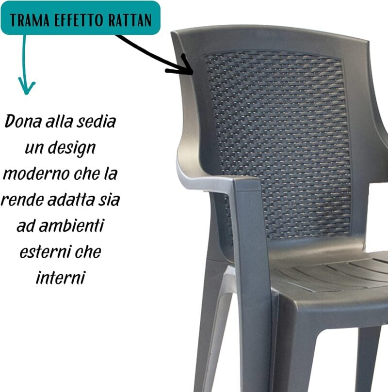 Sedia da giardino set 6 sedie in plastica effetto rattan schienale alto e braccioli impilabili colore antracite Tomaino