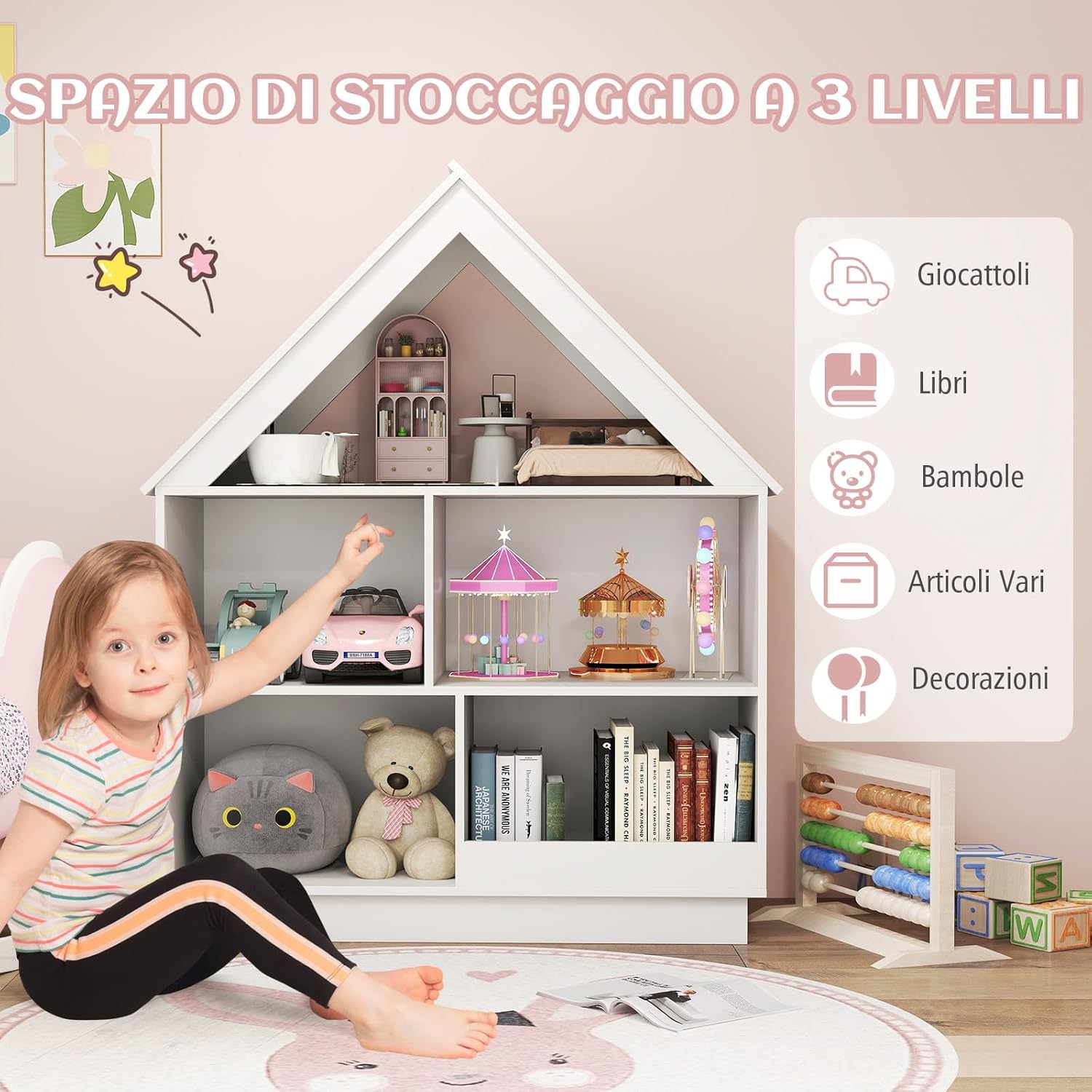 Libreria per Bambini a Forma di Casa, Scaffale in Legno con 5 Cubi per Giocattoli, Organizer di Stoccaggio Antiribaltamento, Scaffale Aperto a 3 Livelli, 88x34x108 cm (Bianco)