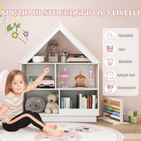 Libreria per Bambini a Forma di Casa, Scaffale in Legno con 5 Cubi per Giocattoli, Organizer di Stoccaggio Antiribaltamento, Scaffale Aperto a 3 Livelli, 88x34x108 cm (Bianco)