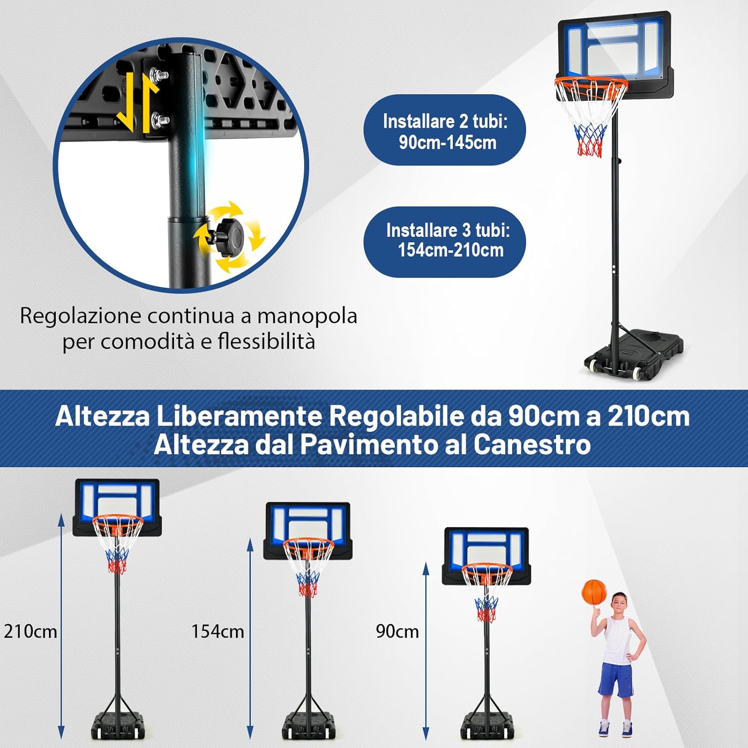 Canestro Basket da Interno ed Esterno Portatile e Regolabile in Altezza 90-210cm, Canestro da Basket per Bambini con Ruote, Incavo per Pallone e Tabellone Infrangibile, Blu