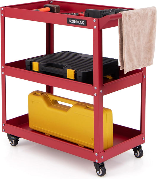 Carrello Portautensili a 3 Livelli, Carrello Metallico Resistente con 3 Ripiani, 4 Ruote Universali con 2 Freni, per Garage, Casa, Magazzino, 73 x 36 x 75 cm (Rosso)