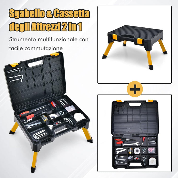 Scaletta Pieghevole con Cassetta Porta Attrezzi, 2 in 1 Sgabello con 13 Scomparti, Ampio Pedale e Piedi Antiscivolo, Portata 150 kg, per Officina Casa e Ufficio