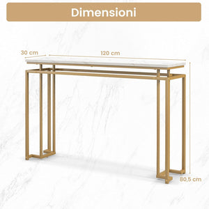 Tavolo Consolle Dorato, Tavolo Ingresso Moderno da 120 CM con Piano Effetto Marmo e Struttura Geometrica in Metallo, Consolle con Kit Antiribaltamento per Ingresso, Soggiorno e Corridoio