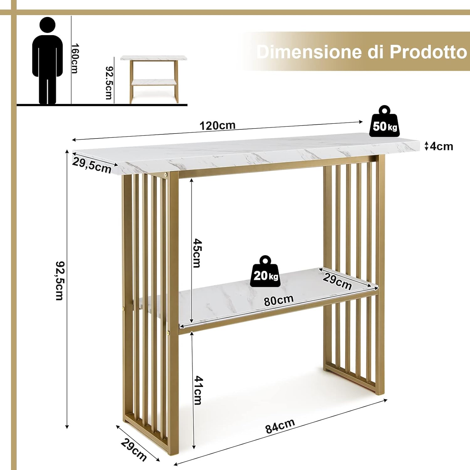 Tavolo da Ingresso a 2 Livelli Stretto e Compatto, Tavolo da Divano in Finto Marmo con Struttura in Acciaio, Tavolo Consolle Moderno per Salotto e Corridoio, 120 x 29,5 x 92,5 cm