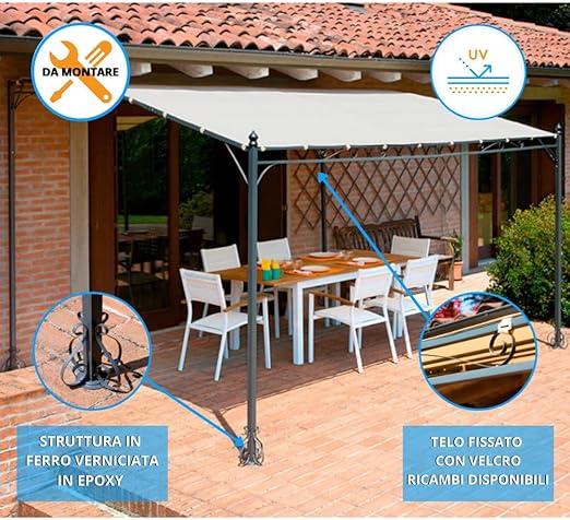 Pergola da parete 3×2,5mt gazebo in ferro con telo ecrù 180gr poliestere Tomaino