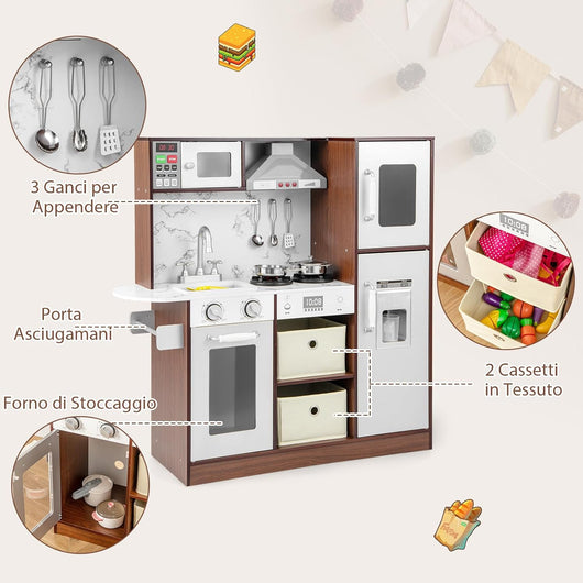 Set di Cucina Giocattolo per Bambini, con Luci e Suoni, Cappa Aspirante e Forno a Microonde, Fabbricatore di Ghiaccio e Lavagna, Ideale per Bambini 3 Anni+