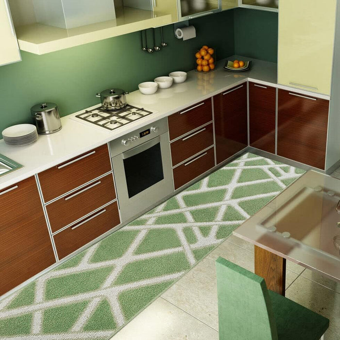 Tappeto Cucina Tessitura 3D 50x130 cm Reticolato Moderno Passatoia Antiscivolo Lavabile Verde